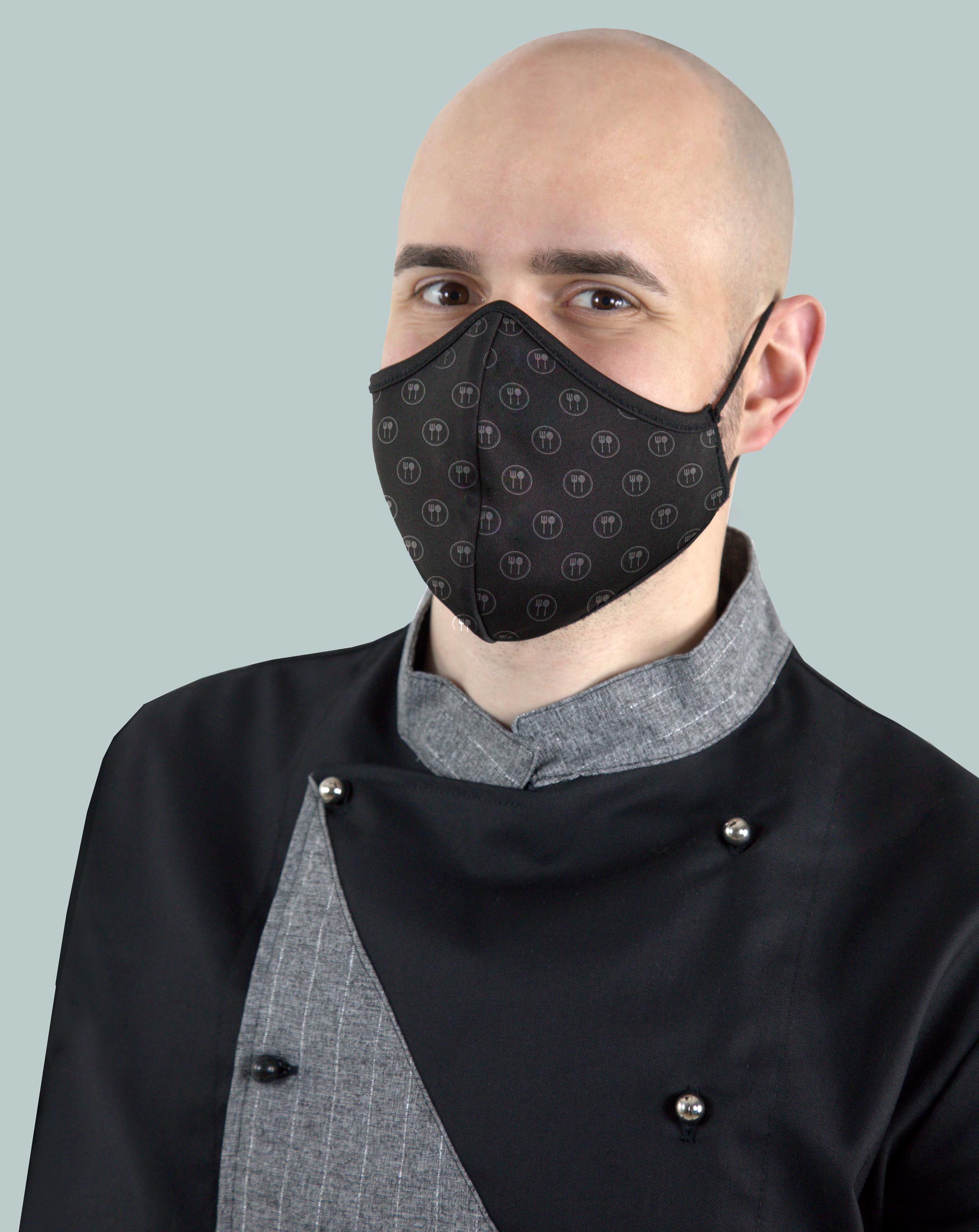 Camice da chef nero e grigio con mascherina lavabile PF2-PO9 con pattern